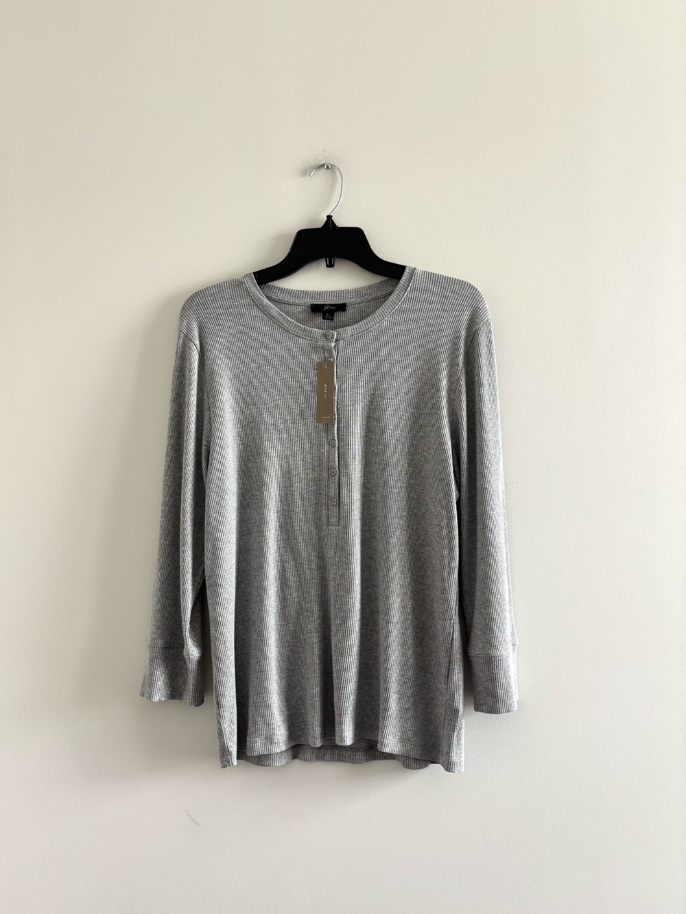 J.Crew Henley Top Heather Gray Ribbed Modal Womens Stretch XL NWT Preppy Classic